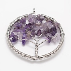 Аметист Дерево жизни натуральный аметист бисера латунной проволоки, завернутые большие подвески, без кадмия, без никеля и без свинца, платина, 54~60x49~52x6~9 мм, отверстие : 4~6 мм