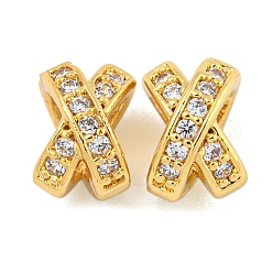 Настоящее золото 18K Покрытие стойки латунь микропаве прозрачные кубические циркониевые бусины, долговечный, без свинца и без кадмия, Письмо X, реальный 18 k позолоченный, 8x6x7 мм, отверстие : 4x3 мм