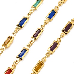 Разноцветный Прямоугольные звенья латунных стеклянных цепей, с катушкой, долговечный, пайки, без свинца и без кадмия, стойки покрытие, реальный 18 k позолоченный, красочный, 14.5x4x2 мм