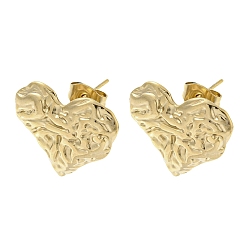 Golden 304 Stainless Steel Stud Earrings, Textured Heart, Golden, 16.5x18mm