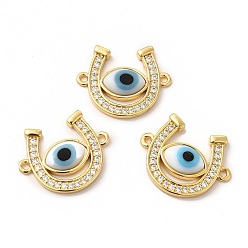White Rack Plating Real 18K Gold Plated Brass Micro Pave Clear Cubic Zirconia Connector Charms, Horseshoe Links, with Handmade Evil Eye Lampwork, Cadmium Free & Lead Free, Long-Lasting, White, 18.5x23x4mm, Hole: 1.5mm
