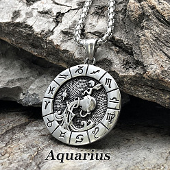 Водолей Плоский круглый с гравировкой двенадцати созвездий сплав кулон ожерелье для женщин мужчин, античное серебро, Водолей, 23.62 дюйм (60 см)