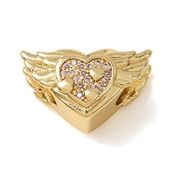 Golden Brass Micro Pave Pink Cubic Zirconia European Beads, Large Hole Beads, Heart with Wing, Golden, 11x18.5x9.5mm, Hole: 5mm
