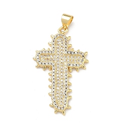 Настоящее золото 16K Латунные микропаве прозрачные подвески с фианитом, крест прелести, реальный 16 k позолоченный, 4.5x20.5x2.5 мм, отверстие : 4.5x3.5 мм