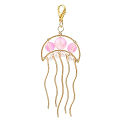 Pink 201 Stainless Steel & Synthetic Moonstone Beaded Pendants Decoration, with Zinc Alloy Lobster Claw Clasps, Jellyfish, Pink, 75mm