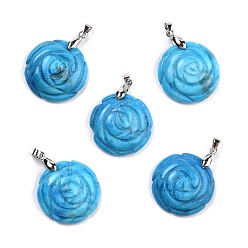 Говлит Природные подвески Говлит, с латунной фурнитурой платинового цвета, окрашенные, плоские круглые с розовым рисунком, глубокое синее небо, 32x25x8 мм