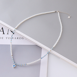 Белый 925 подвеска в форме сердца из стерлингового серебра со стразами, ожерелья из натурального аквамарина с граненым кубом и искусственным жемчугом, с 925 цепочками на концах из стерлингового серебра, золотой свет, белые, 15.35 дюйм (39 см)