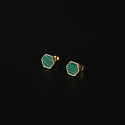 Real 18K Gold Plated Natural Malachite Hexagon Stud Earrings, 304 Stainless Steel Earrings, Real 18K Gold Plated, No Size