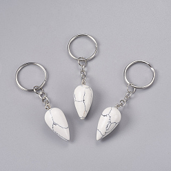 Howlite Natural Howlite Keychain, with Iron Key Rings, Platinum, teardrop, 80.5mm, Pendant: 33.5x15.5mm