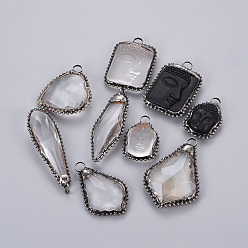 Mixed Color Glass Big Pendants, with Brass Findings, Faceted, Mixed Shapes, Antique Silver, Mixed Color, 46~89x29~50x11~17mm, Hole: 6.5~8mm