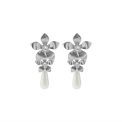 Stainless Steel Color Alloy & Rhinestone & Plastic Pearl Stud Dangle Earrings, Flower, Stainless Steel Color, 60x30mm