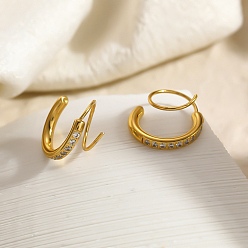 Real 18K Gold Plated 304 Stainless Steel Rhinestone Stud Earrings, Half Hoop Earrings, Real 18K Gold Plated, 16x2.5mm