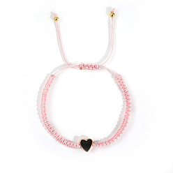 Pink 1ПК ручной работы сердце латунные эмалевые бусины плетеные браслеты из бусин, регулируемые плетеные браслеты из полиэфирного шнура для пары, розовые, внутренний диаметр: 11 дюйм (28 см)