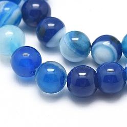 Royal Blue Natural Striped Agate/Banded Agate Beads Strands, Dyed & Heated, Round, Royal Blue, 10mm, Hole: 1mm, about 37pcs/strand, 14.9 inch(38cm)