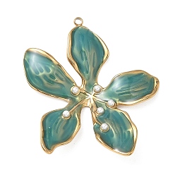 Teal 304 Stainless Steel Enamel Pendants, Flower Charms, with ABS Plastic Imitation Pearl, Ion Plating(IP), Golden, Teal, 43x40x3.5mm, Hole: 2mm