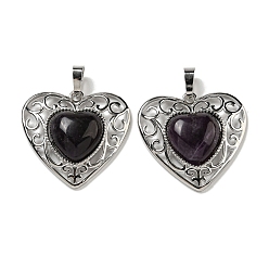 Amethyst Natural Amethyst Peach Love Heart Pendants, Rack Plating Brass Hollow Heart Charms, Cadmium Free & Lead Free, 29.5x30.5x7.5mm, Hole: 7.5x5mm