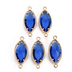 Blue Glass Links Connectors, with Light Gold Tone Brass Findings, Faceted Horse Eye, Blue, 21x9x4mm, Hole: 1.2mm