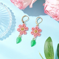 Pink 304 серьги-гвоздики с застежкой-молнией в форме цветка и листа из нержавеющей стали, со стеклянными бусинами, нейлоновой проволокой и акриловыми подвесками, золотые, розовые, 56x18 мм