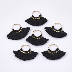 Черный Украшения подвески кисточкой из поликоттона (полиэстер хлопок), с латунной фурнитурой , форма вентилятор, золотые, чёрные, 14~15x20~22x1.5 мм, отверстие : 7 мм