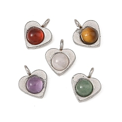 Color de Acero Inoxidable Colgantes de piedra naturales mezclados, 304 Dijes con forma de corazón engastados en acero inoxidable, color acero inoxidable, 9x7.5x4.5 mm, agujero: 2 mm