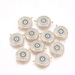 Real 18K Gold Plated Brass Micro Pave Cubic Zirconia Links, Nickel Free, Real 18K Gold Plated, Flat Round, Golden, 20x15x3mm, Hole: 1mm