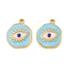 Настоящее золото 18K 304 нержавеющей стальной эмали подвески, плоский круглый с подвесками для глаз, со стразами, ионное покрытие (ip), реальный 18 k позолоченный, 19x16.5x2.5 мм, отверстие : 2 мм