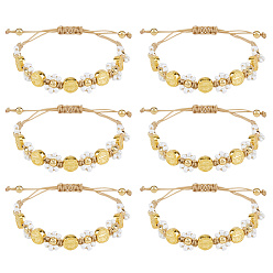 Golden 6Pcs Alloy & Glass Seed Bead Braided Bracelets, Nylon Thread Braided Bracelets for Women, Flat Round Saint Benedict & Flower, Golden, Inner Diameter: 1.57~3.15 inch(4~8cm)