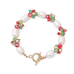 Разноцветный Рождественские браслеты из стекла и ракушек, жемчуга, жемчуга и латунных бусин для женщин, с 304 из нержавеющей стали тумблеров застежками, красочный, 7-1/2 дюйм (19 см)