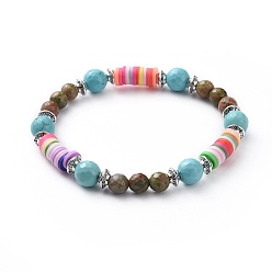 Unakite Stretch Bracelets, with Natural Unakite & Synthetic Turquoise Beads, Polymer Clay Heishi Beads and Alloy Spacer Beads, 2-1/8 inch(5.4cm)