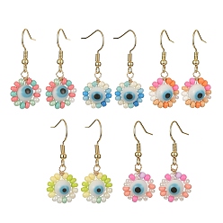 Mixed Color Glass Seed & Lampwork Evil Eye Dangle Earring, 304 Stainless Steel Wire Wrap Earrings, Mixed Color, 35mm