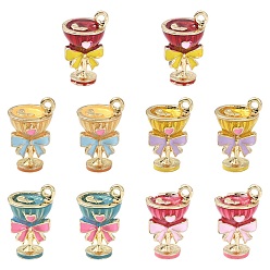 Mixed Color 10Pcs 5 Colors Alloy Enamel Pendants, Cup with Bowknot, Golden, Mixed Color, 16x10x9mm, Hole: 1.4mm, 2pcs/color