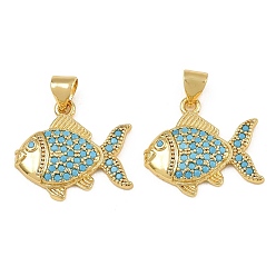 Fish Подвески из латуни с микропаве и кубическим цирконием глубокого небесно-голубого цвета в морской тематике, без свинца и без кадмия, стойки покрытие, долговечный, реальный 18 k позолоченный, рыба, 18x19.5x3 мм, отверстие : 4x3 мм