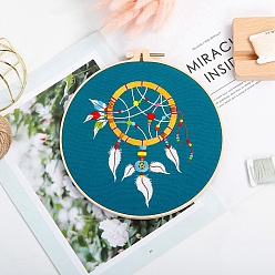 чирок Тканая сетка/паутина своими руками с набором для вышивки узором из перьев, включая имитацию бамбуковой рамы, железа контакты, ткань, красочные нити, зелено-синие, 213x201x9.5 мм, внутренний диаметр: 183 мм