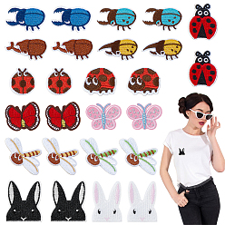 Mixed Color 26Pcs 13 Styles Insects Theme Polyester Embroider Thread Iron on Sew On Patches, Hot Melt Adhesive, Cloth Appliques, Beetle & Bee & Bunny & Dragonfly & Unicorn Beetle & Butterfly, Mixed Color, 25~40x24~42.5x1.5~2.5mm, 2pcs/style