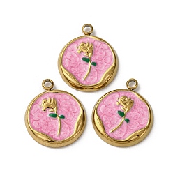 Золотой 304 нержавеющей стальной эмали подвески, плоская круглая с подвеской в виде цветка, ионное покрытие (ip), золотые, 17.5x15x2.5 мм, отверстие : 1.8 мм