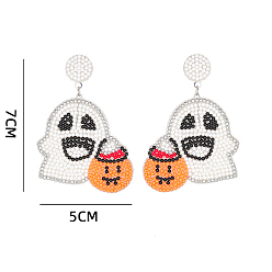 Белый Серьги-гвоздики с подвесками из стеклянных бусин в виде тыквенных семечек в стиле привидения Хэллоуина, платина, белые, 70x50 мм