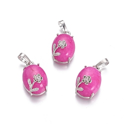 Нефрит Природного нефрита подвески, с латунной фурнитурой платинового цвета, овальные с цветком, окрашенные, 22x13.8x10.3 мм, отверстие : 6x3.5 мм