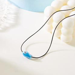Темно-Голубой Рыба фарфоровый кулон ожерелья из черного воскового шнура, глубокое синее небо, 15.75~23.62 дюйм (40~60 см)