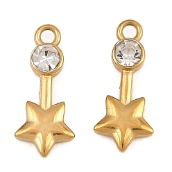 Chapado en Oro Real 18K 304 encantos de acero inoxidable, con diamantes de imitación de cristal, encantos estrella, revestimiento de iones (ip), real 18 k chapado en oro, 12x5x2 mm, agujero: 1.2 mm