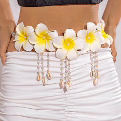 Желтый Ремни из сплава с цепочкой из ткани и цветка, с кисточкой из натуральных бусин из ракушек каури, желтые, 700 мм
