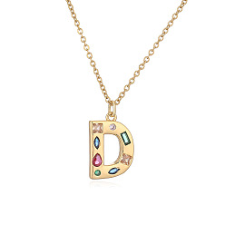 Letter D Ожерелья с подвесками-инициалами из латуни и разноцветными кубическими цирконами для женщин, реальный 18 k позолоченный, Буква D, 17.72 дюйм (45 см), Кулон : 22x13 мм