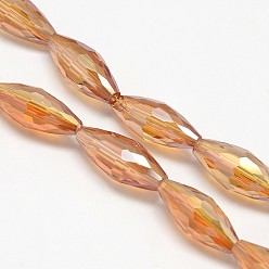 Темно-Оранжевый Гальванических хрустальные стекла рисовые шарики нити, граненые, радуги цвет покрытием, темно-оранжевый, 19x8 мм, отверстие : 1 мм, около 40 шт / нитка, 29.1 дюйм