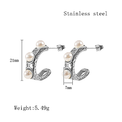 Stainless Steel Color 304 Stainless Steel Ring Stud Earrings, Imitation Pearl Beaded Half Hoop Earrings, Stainless Steel Color, 21x7mm