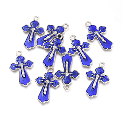 Blue Alloy Pendants, with Enamel, for Easter, Crucifix Cross with Word IHUI & IC & XC, Platinum, Blue, 25.5x15.5x1.5mm, Hole: 2.5mm