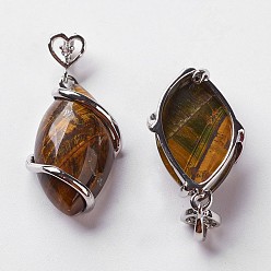 Mixed Stone Natural Mixed Stone Pendants, with Brass Rhinestone Findings,  Horse Eye, 36x17.5x7~9mm, Hole: 2.5x4mm