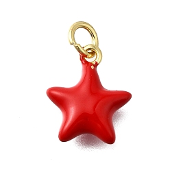 Звезда Латунные подвески из красной эмали, с целью перехода в кольце, без кадмия и без свинца, долговечный, стойки покрытие, реальный 18 k позолоченный, звезда, 13.5x11x5 мм, отверстие : 3 мм
