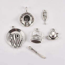 Antique Silver Tibetan Style Alloy Pendants, Tableware Theme, Mix Shapes, Antique Silver, 15~30x3.5~23x2~10mm, Hole: 1.5~4.5mm, 6pcs/set