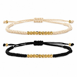 Mixed Color 2 Colors Brass Round Braided Bead Bracelet Sets, Adjustable Stackable Bracelets, Golden, Mixed Color, 11.02 inch(28cm), 2pcs/set