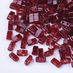 Dark Red 2-Hole Transparent Glass Seed Beads, Antique Style, Rectangle, Dark Red, 4.5~5.5x2x2~2.5mm, Hole: 0.5~0.8mm