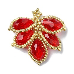 Красный Плетеные подвески из стеклянных бусин, лист, красные, 35.5x35.5x7.5 мм, отверстие : 1.5 мм